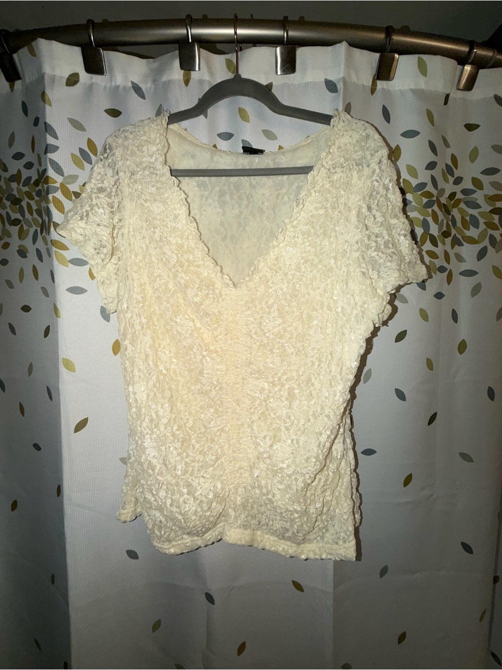 Tribal Cream Lace V-Neck Textured Short Sleeve Top